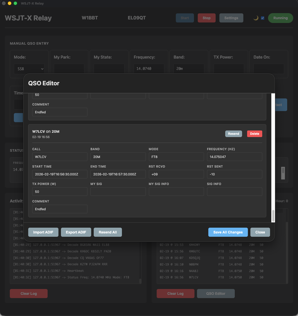 WSJT-X Relay QSO editor window